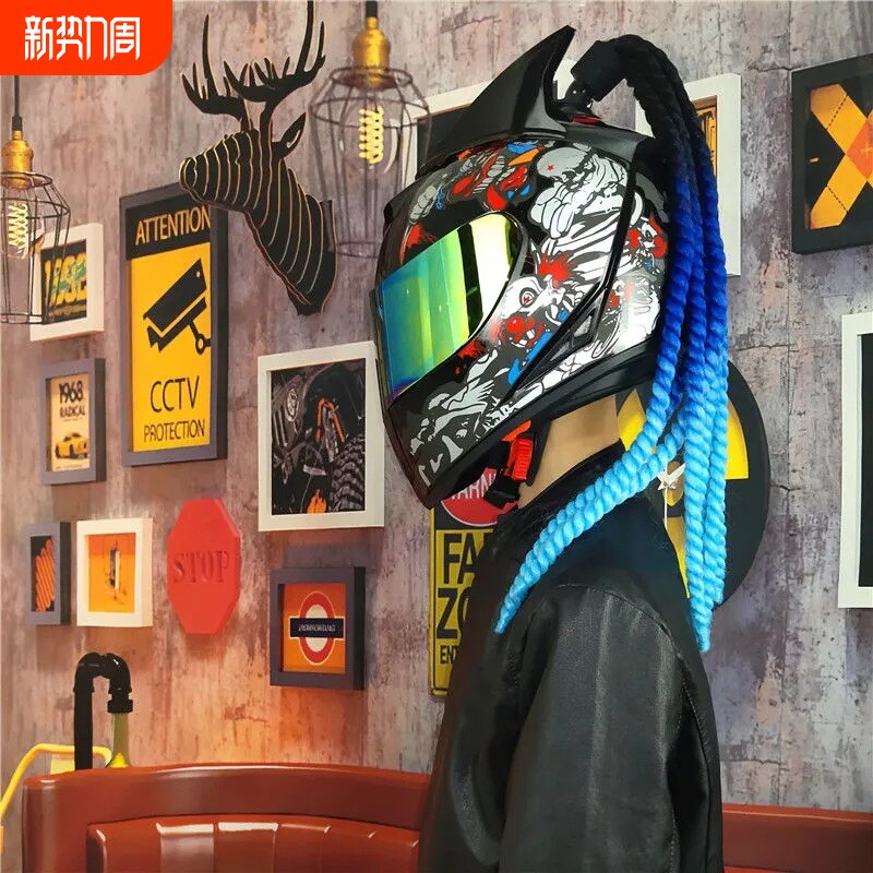 头盔辫子吸盘式弹簧辫带蝴蝶结 假发脏辫头盔装饰品机车 跨境热销