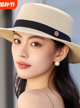 法式s标草帽女夏天大檐帽子女夏款遮阳平沿帽度假礼帽户外黑色