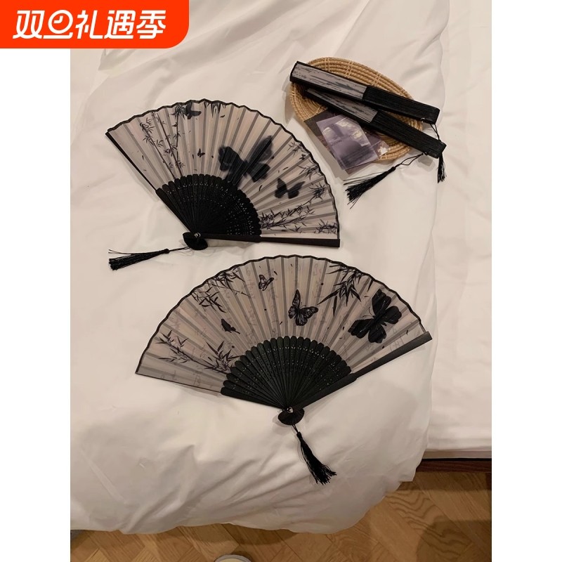 蝴蝶折扇新中式小扇子便携小巧古风扇子水墨画拍照道具女生仙气