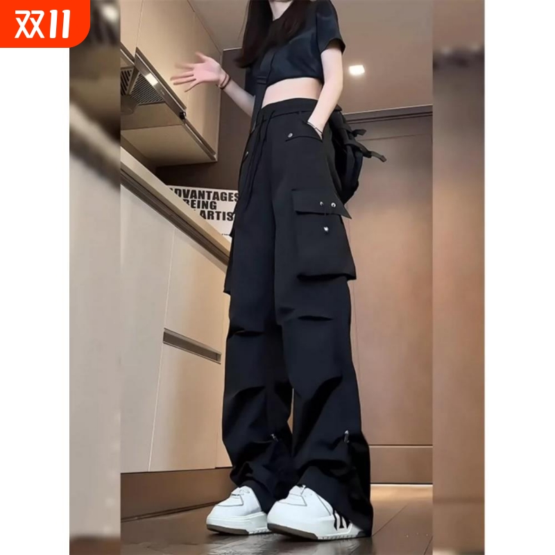 黑色工装裤女秋季美式机能防水冲锋裤多口袋潮牌宽松直筒休闲长裤