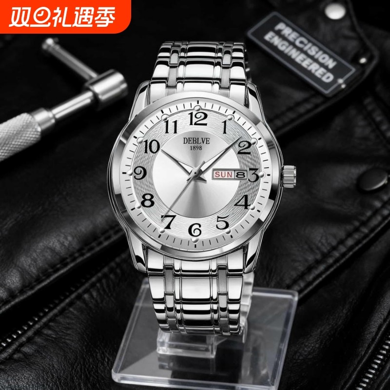 正品瑞士2024新款手表男士全自动机械风防水精钢带双日历男表夜光