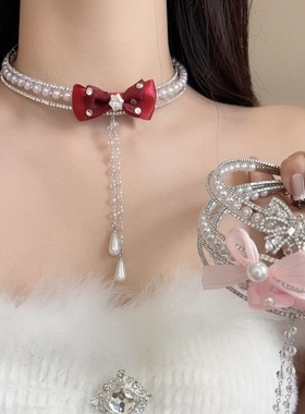 法式甜美蝴蝶结锆石珍珠流苏项链轻奢气质氛围感choker颈圈锁骨链
