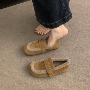 保暖棉鞋 一脚蹬奶奶软底勃肯鞋 平底 女2025秋冬新款 森系加绒乐福鞋