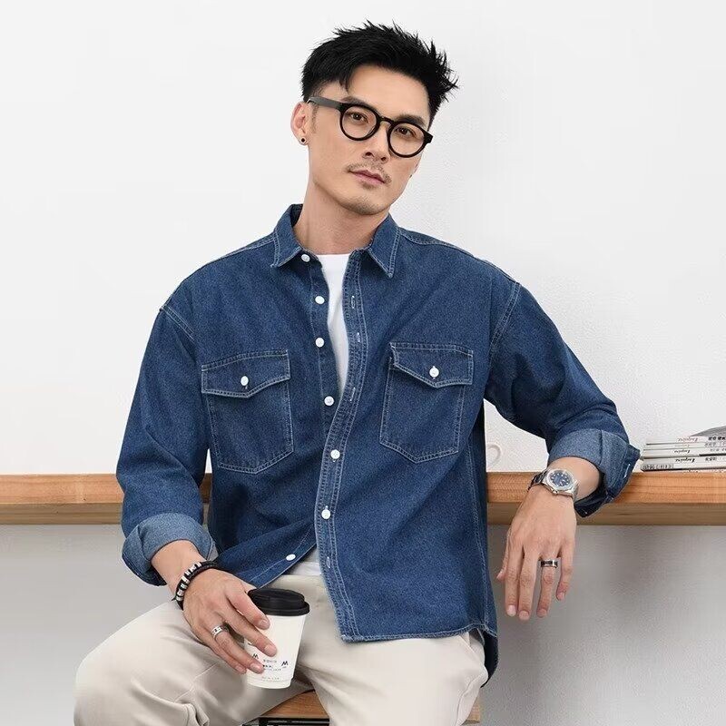 牛仔衬衫男韩版潮流ins宽松长袖衬衣港风外套春秋季寸衫休闲蓝色