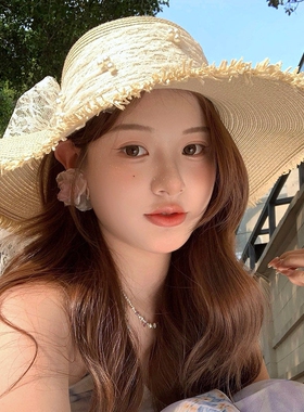 蕾丝大帽檐遮阳草帽女夏季2026新款防晒帽海边度假沙滩帽子法式