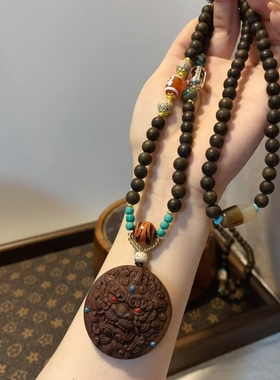沉香木醒狮项链 搭配一线药师天珠 祥云天珠 天珠 金刚杵时尚配饰
