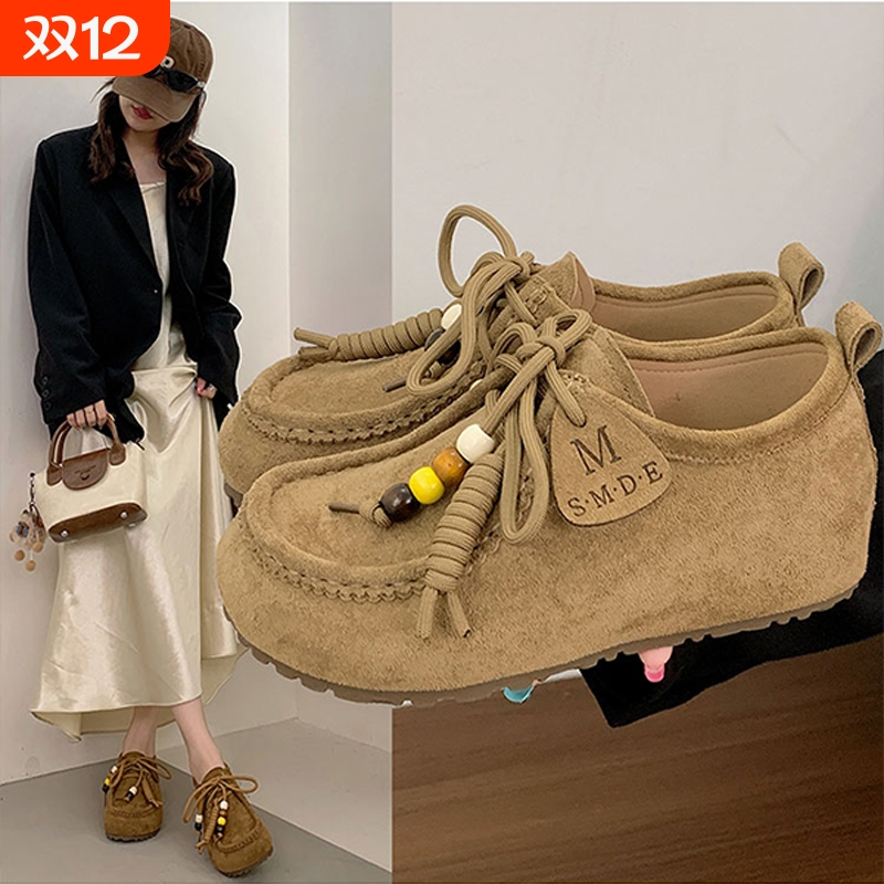 厚底内增高勃肯鞋女2025秋季新款百搭袋鼠鞋博肯单鞋棕色系带休闲