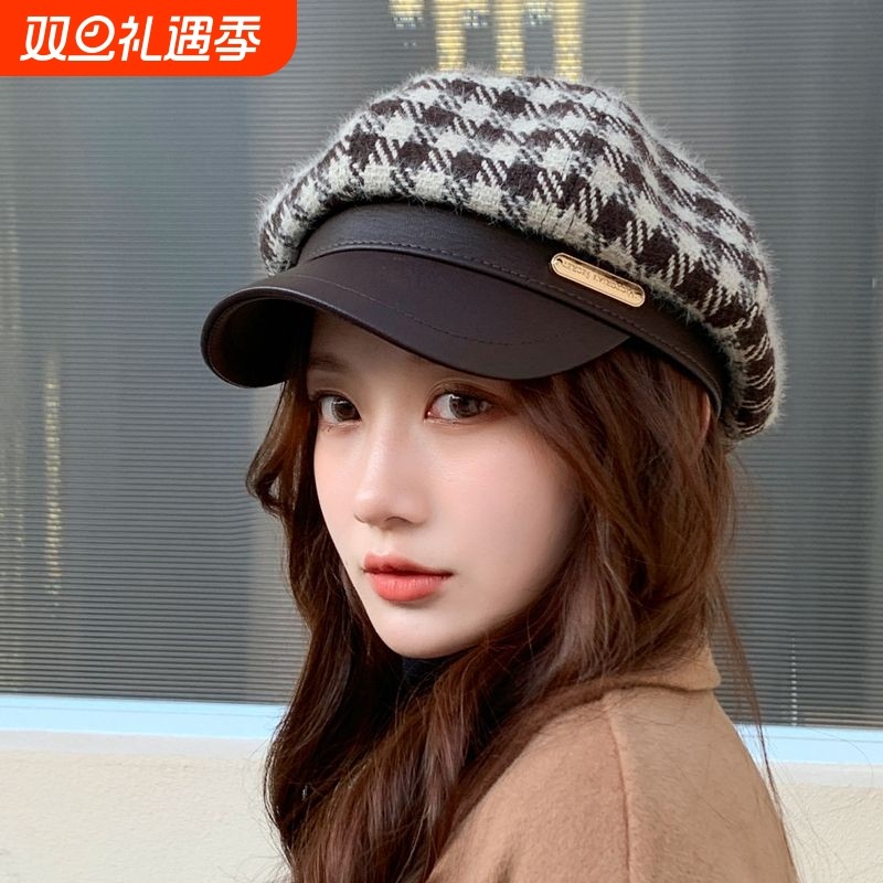 日系千鸟格八角帽子女韩系复古鸭舌帽秋冬季英伦报童帽贝雷帽格纹