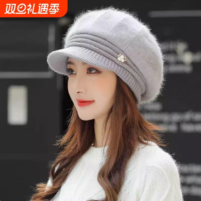 冬天加绒加厚护耳保暖帽帽子女秋鸭舌贝雷帽针织帽兔毛帽毛线帽女