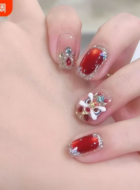 国风正红醒狮穿戴甲银钻美甲贴片中长款杏仁红色法式椭圆镶钻扁平