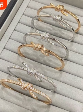 时尚轻奢简约扭绳结镶钻石手镯镀厚金重工珠宝级高质感玫瑰金