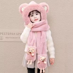 儿童帽子冬季三件套宝宝加绒手套超厚男女童冬天保暖帽子围巾一体