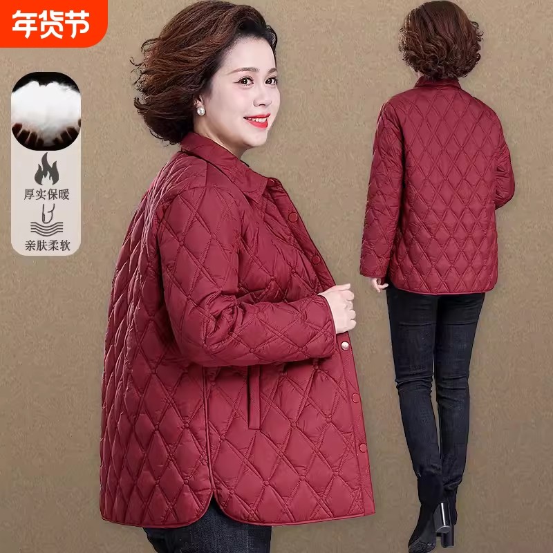 户外妈妈春装夹棉外套加肥加大码2024新款中老年女装秋冬轻薄羽绒