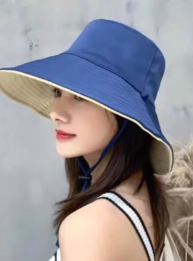 渔夫帽双面带春夏季新款学生太阳帽户外遮脸防晒帽女蓝色红色徒步