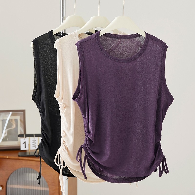 透气瑜伽背心秋季新款宽松圆领无袖健身上衣女运动服下摆抽绳罩衫