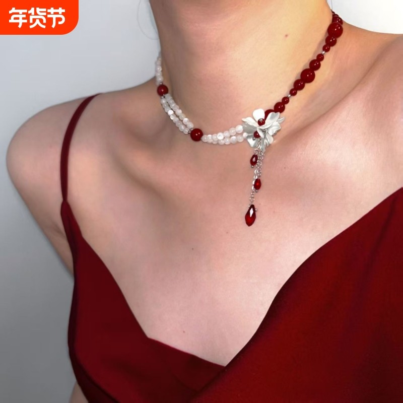 2025新款小众高级感choker红色串珠项链安可拉红色时尚锁骨
