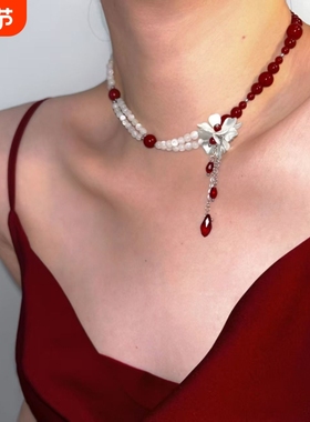 2025新款小众高级感choker红色串珠项链安可拉红色时尚锁骨链