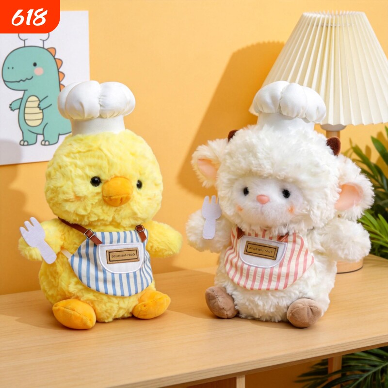 贝洋洋美食家企鹅公仔厨师大象玩偶围裙毛绒公仔小熊玩具鸭子小象