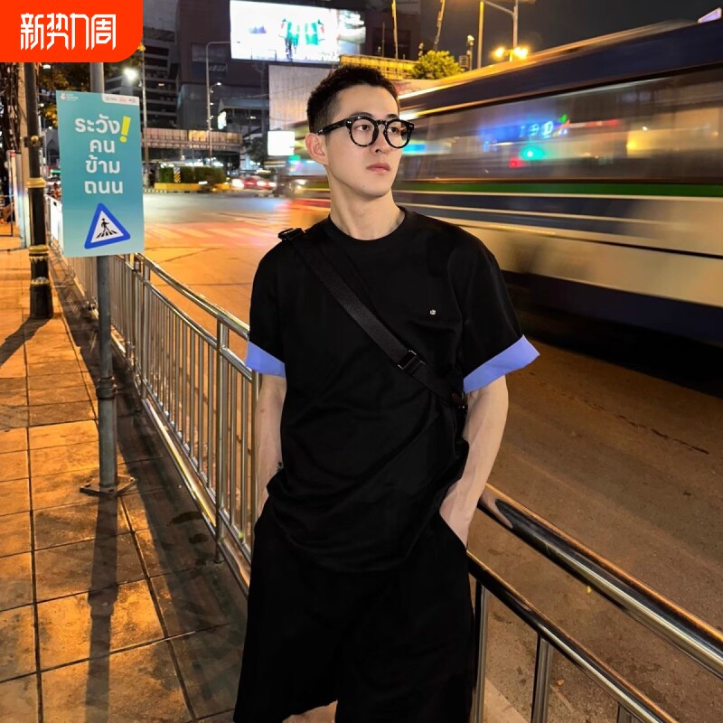 短袖t恤男潮牌夏季宽松2026年新款网红潮流ins简约印花上衣黑