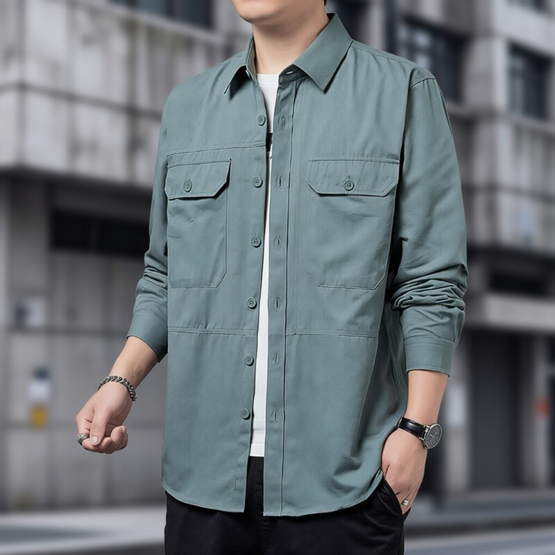 新款男士长袖衬衫春季工装翻领上衣服纯棉休闲衬衣外套男开衫黑色