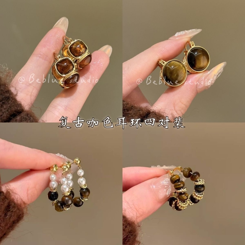 落日熔金~复古虎眼石金边耳钉女秋冬轻奢耳环耳圈高级感独特耳饰