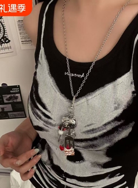 可爱卡通kt猫叉子项链女蛋糕吊坠项饰女长款夸张高级感锁骨链配饰