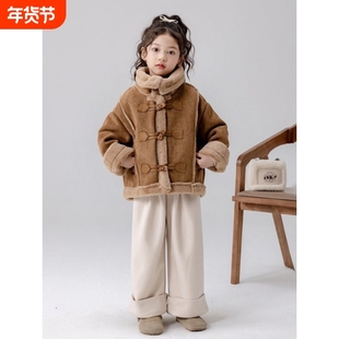 2025冬季新款女童加绒外套鹿皮绒皮毛一体保暖上衣女孩短款冬装W6