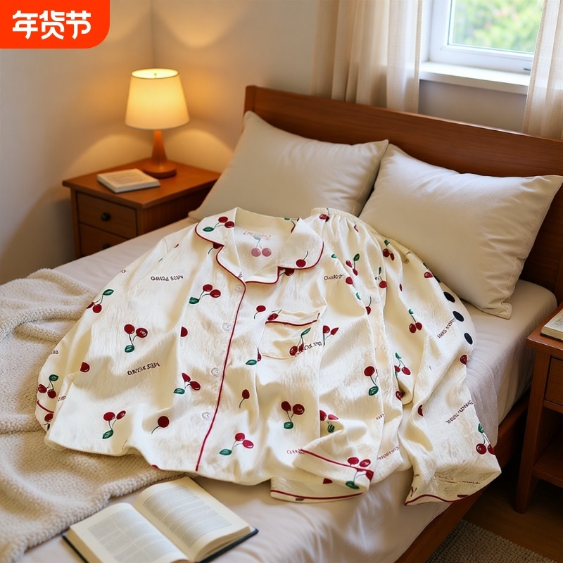 睡衣纯棉秋季双层纱布女士长袖春夏开衫云朵棉家居服套装薄款甜美