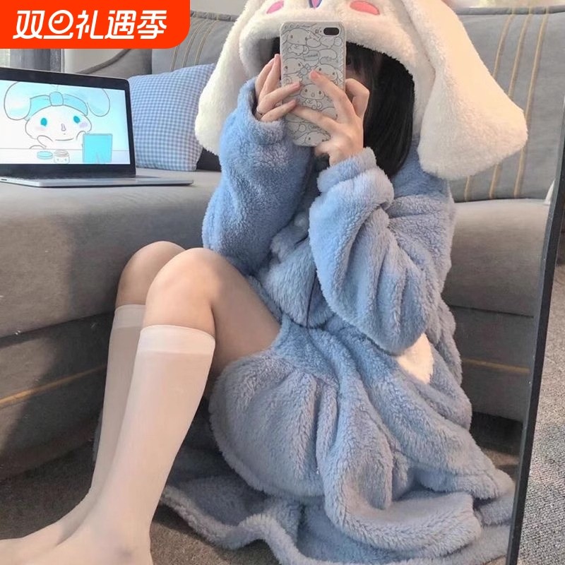 秋冬珊瑚绒玉桂狗睡袍女款加绒加厚卡通宽松法兰绒长睡裙浴袍居家