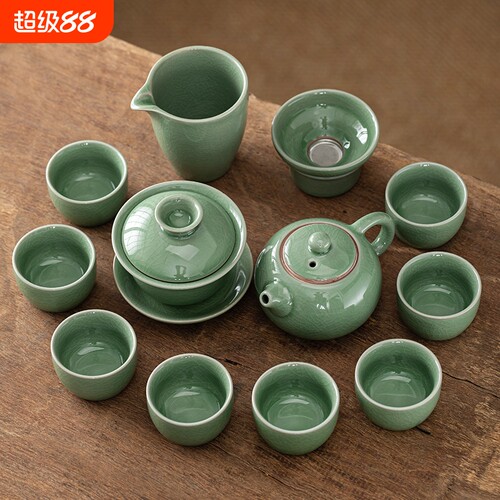 冰裂纹哥窑绿功夫茶具盖碗茶壶泡茶器套装提梁壶茶杯户外家用开片