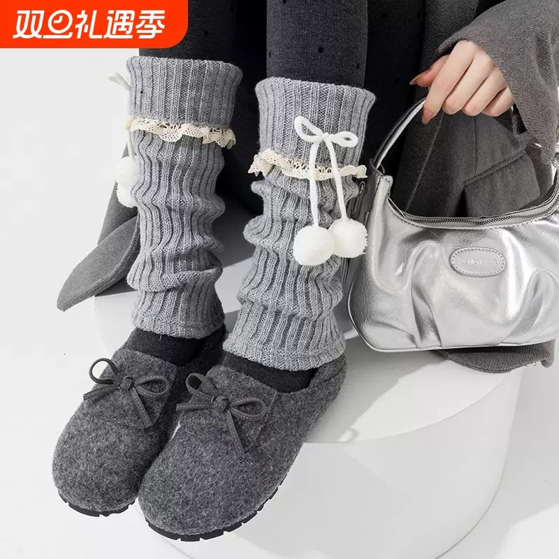 针织jk袜套袜子女白色小腿腿套毛球保暖Lolita堆堆袜洛丽塔冬