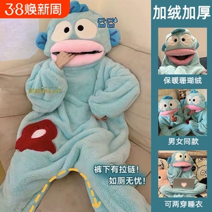 丑鱼连体睡衣珊瑚绒女款2025冬季加厚男可外穿卡通儿童睡袍家居服