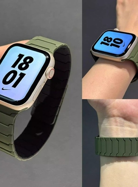 铠甲纹硅胶磁吸表带适用苹果手表s11通用iwatchS10代SE简约ultra2S9高级腕带款黑色银色