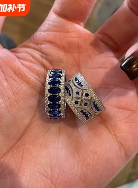 蓝色闪钻椭圆排钻戒指女新款叠戴中古风vintage素圈镂空宽版指环