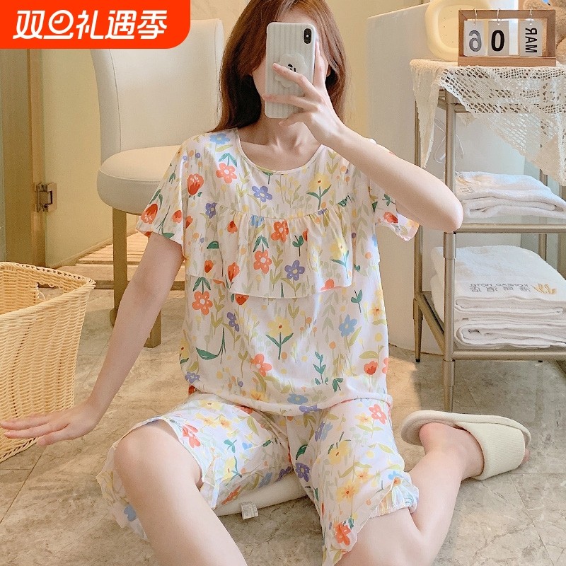 防凸点甜美睡衣女夏超薄棉绸夏天短袖中裤荷叶边套装家居服人造棉