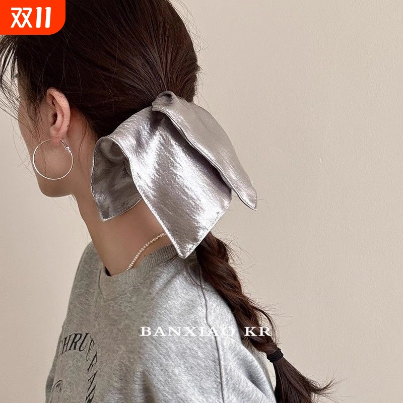 高级感银色亮面方巾大肠发圈女韩系方形扎头发低马尾皮筋发绳头绳