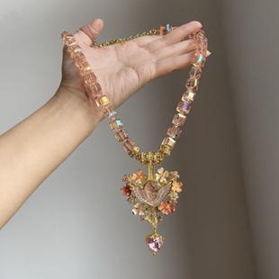「睡梦天使」粉色串珠爱心流苏项链复古珐琅轻奢气质vintage项链