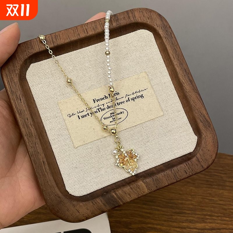 阿尔山之秋秋冬抽拉渐变金色枫叶珍珠项链项链女轻奢气质高级毛衣