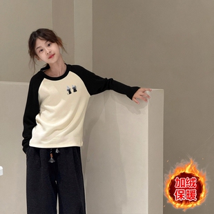 修身 儿童女孩时尚 保暖上衣潮加绒 春秋新款 女童印花拼接德绒打底衫