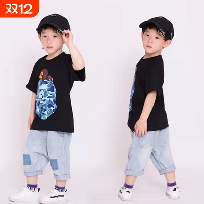 260克潮流亲子短袖潮童装猴子头夏装半袖男女休闲宽松猿猴T恤上衣