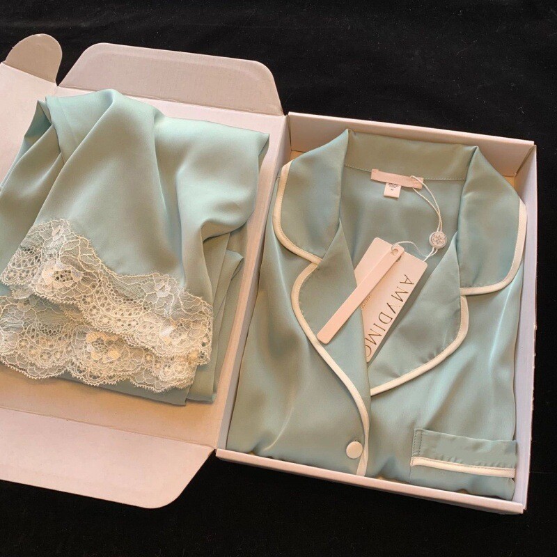 睡衣女秋长袖冰丝韩国睡衣韩版轻奢蕾丝仿真丝薄款家居服AA315