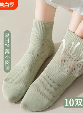 白色袜子女士款春夏季薄款网眼透气袜运动防臭吸汗中筒袜纯色短袜