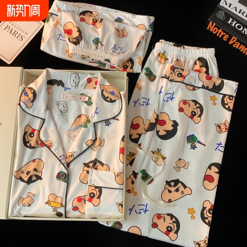 红豆情侣睡衣日系卡通蜡笔小新春夏季纯棉短袖短裤宽松家居服三件