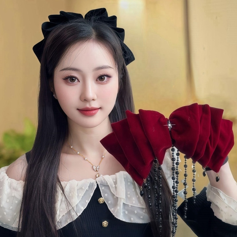 秋冬丝绒蝴蝶结流苏发夹女高端水晶弹簧夹新娘订婚敬酒服抓夹头饰