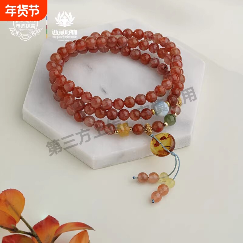 甜美多层琥珀蜜蜡平安扣铃兰花手串轻奢小众设计冰飘南红三圈手链