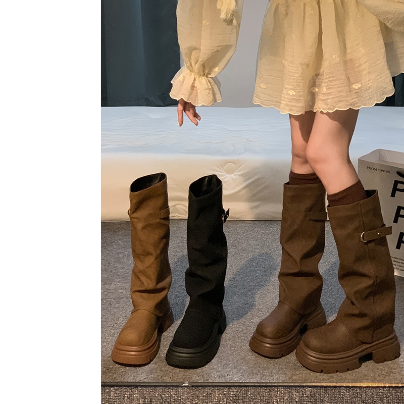 他她女孩长筒靴女2025新款秋冬靴子美拉德堆堆靴厚底高筒靴裤管靴