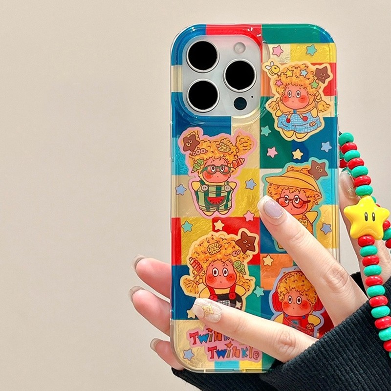 卡通彩色格纹星星小人适用苹果16promax手机壳iPhone1