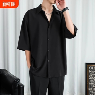 宽松高级垂感痞帅休闲冰丝短袖 夏季 黑衬衣大童外套 男长袖 黑色衬衫