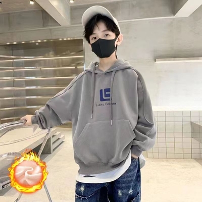 男童加绒加厚卫衣中大童连帽上衣2025新款秋冬装儿童保暖绿色灰色