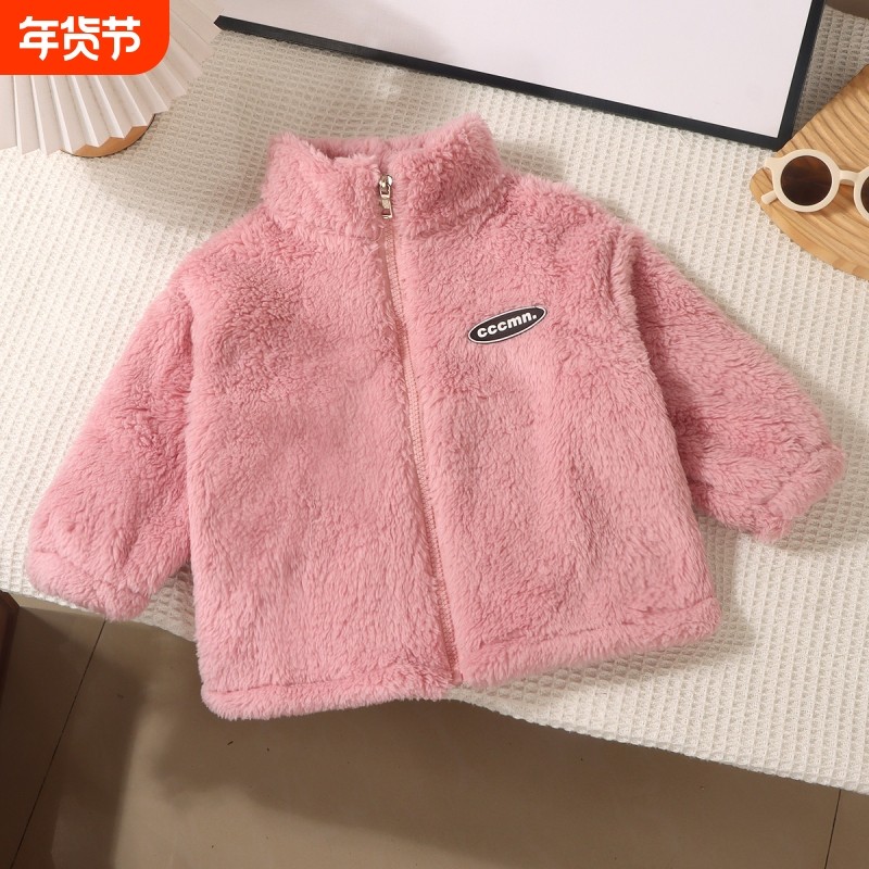 新款秋冬儿童法兰绒外套男女童珊瑚绒加绒加厚保暖上衣洋气双面绒